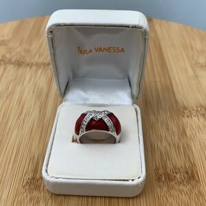 Tara Vanessa | Silver Tone Painted Red Enamel CZ Fashion Dome Ring NIB